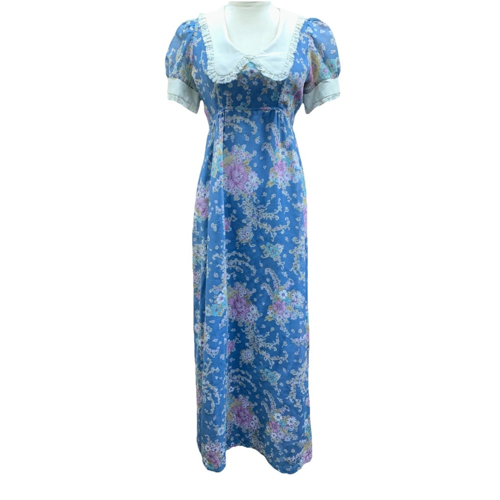 UNIQUE Vintage Prairie Boho Peasant Dress Peter Pan Collar Puff Sleeves Floral